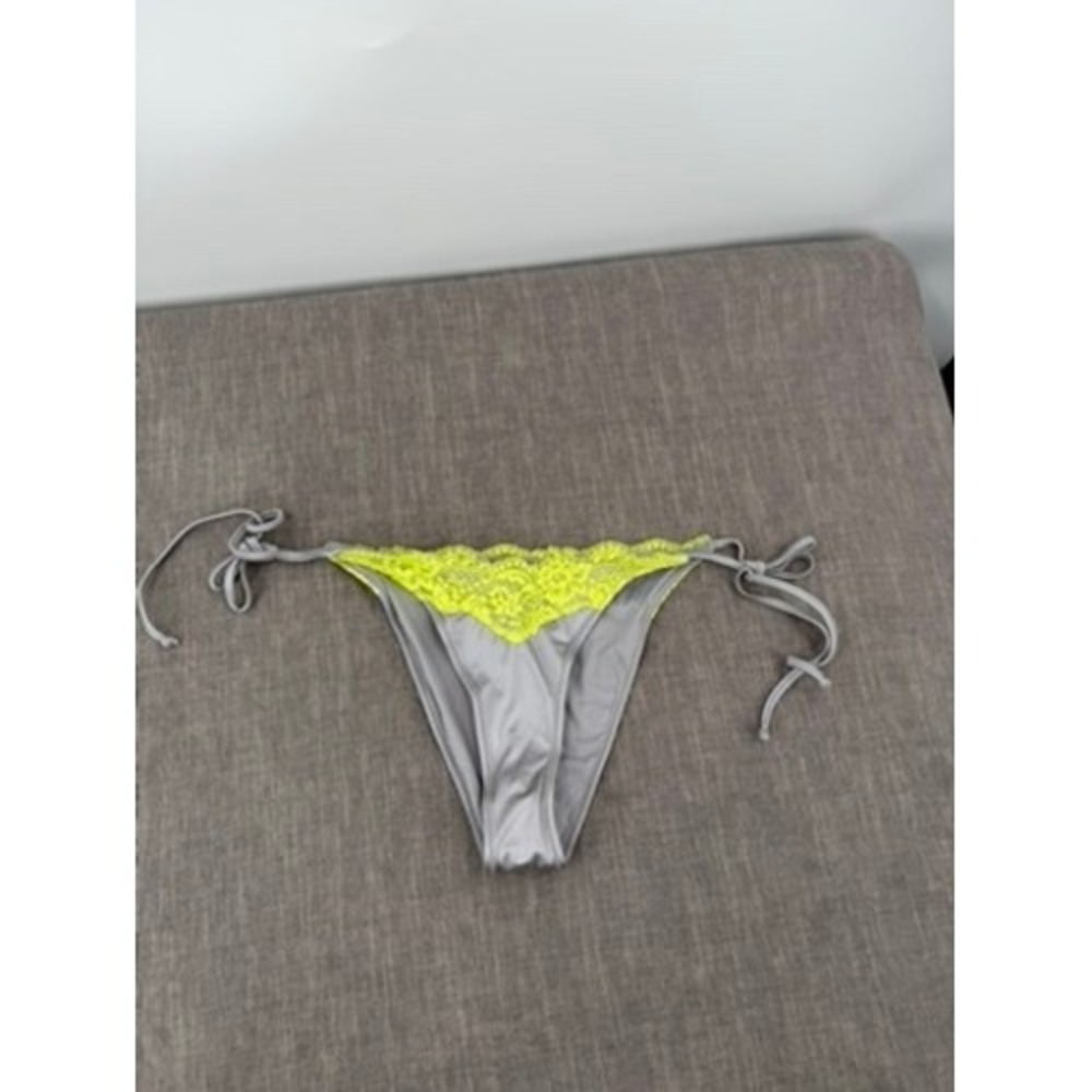 SKIMS Lace Swim Tie Bikini Bottom Chrome Gray Neon Lime Lace Trim Sz S Small NWT